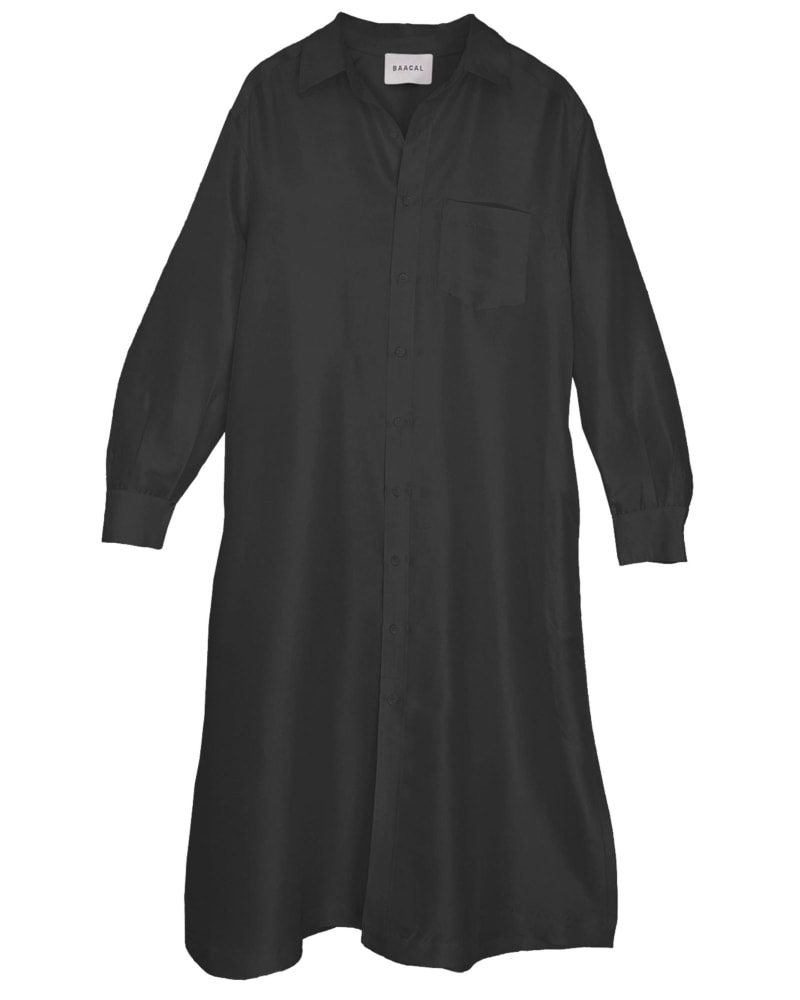 Front of a size 5 Shirt Dress in Black Dupioni in Black by BAACAL. | dia_product_style_image_id:315998